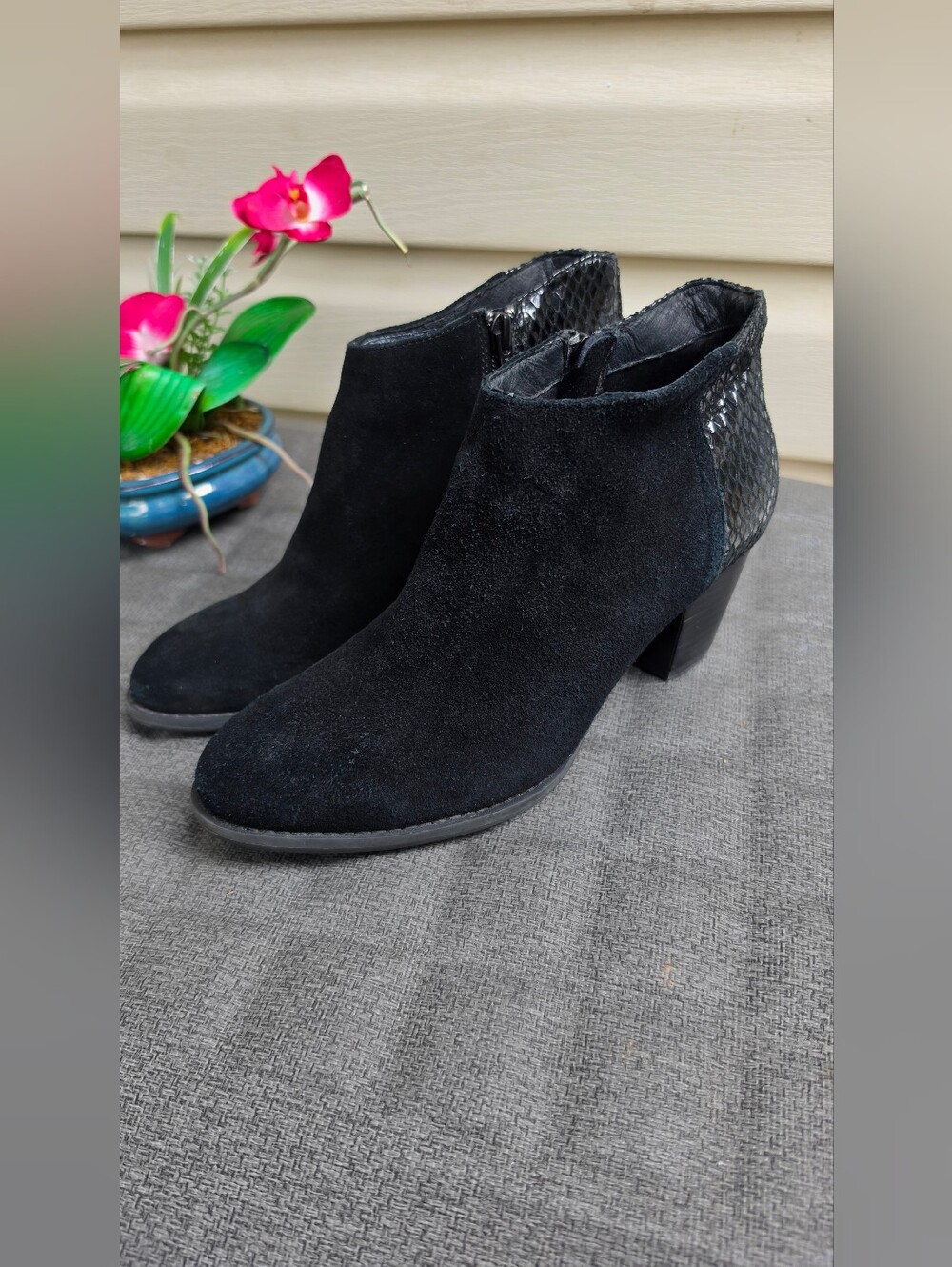 Vionic Black Suede Ankle Booties with Snakeskin-Texture Heel